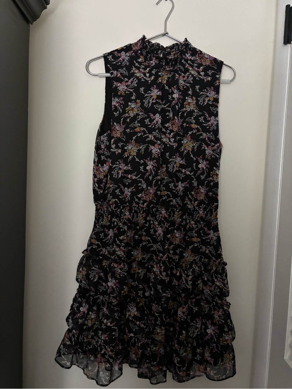 MSK Black Floral Ruffle Tiered High-Neck Dress